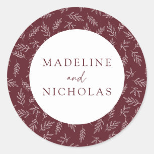 Merlot Moderne Minimalistische Botanische Bruiloft Ronde Sticker