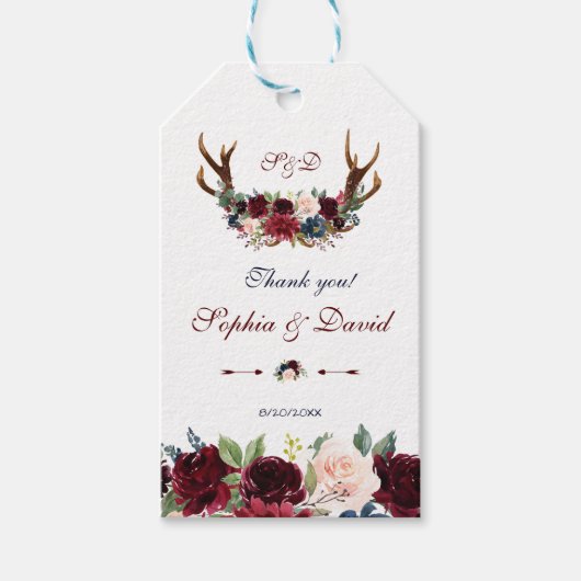 Merlot Navy Blauw Bloem Bruiloft Cadeaulabel (Voorkant)