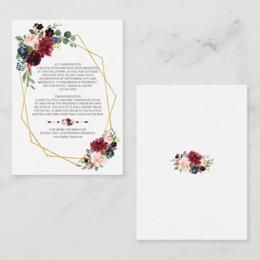 Merlot Navy Blauwe Bloem Gouden Frame Huwelijksdet Informatiekaartje (Voorkant / Achterkant)