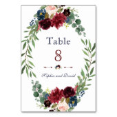 Merlot Navy Blue Floral Bloom Wedding Table Number Kaart (Achterkant)