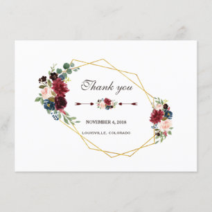 Merlot Navy Blue Floral Gold Lijst Hartelijk dank Bedankkaart