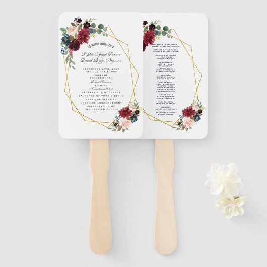 Merlot Navy Blue Floral Gold Lijst Wedding Program Handwaaier (Voorkant en achterkant)