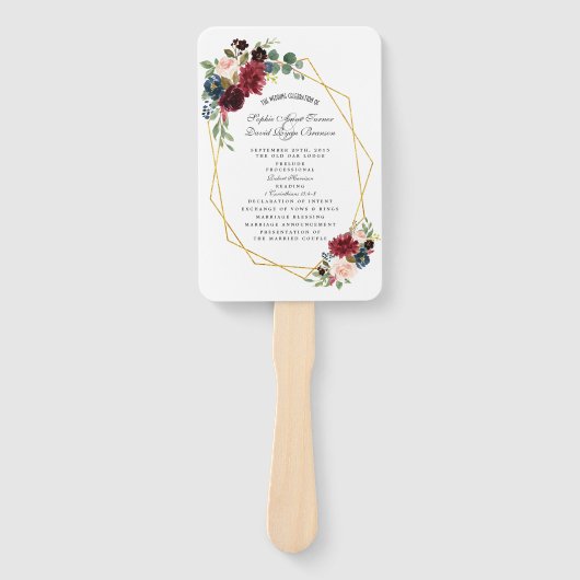 Merlot Navy Blue Floral Gold Lijst Wedding Program Handwaaier (Voorkant)