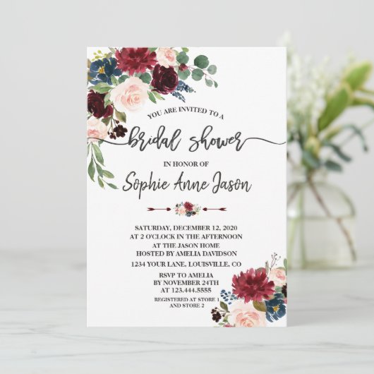 Merlot Navyblauw Bloemig Handschrift Bruiloft Fees Kaart (Staand voorkant)