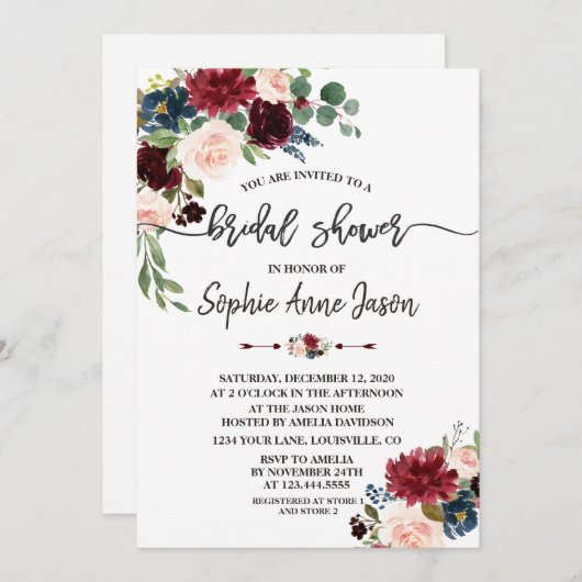 Merlot Navyblauw Bloemig Handschrift Bruiloft Fees Kaart (Voorkant / Achterkant)