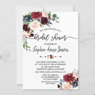Merlot Navyblauw Bloemig Handschrift Bruiloft Fees Kaart