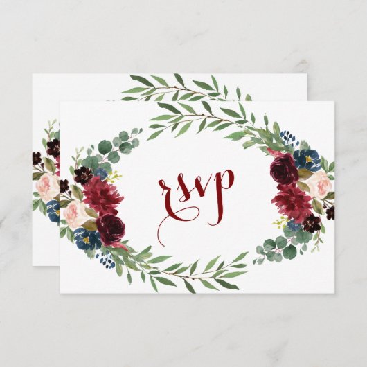 Merlot Navyblauw Bloemige Bloei Bruiloft RSVP (Voorkant / Achterkant)