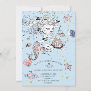 Mermaid 1er Anniversaire Fête Bleue Invitation