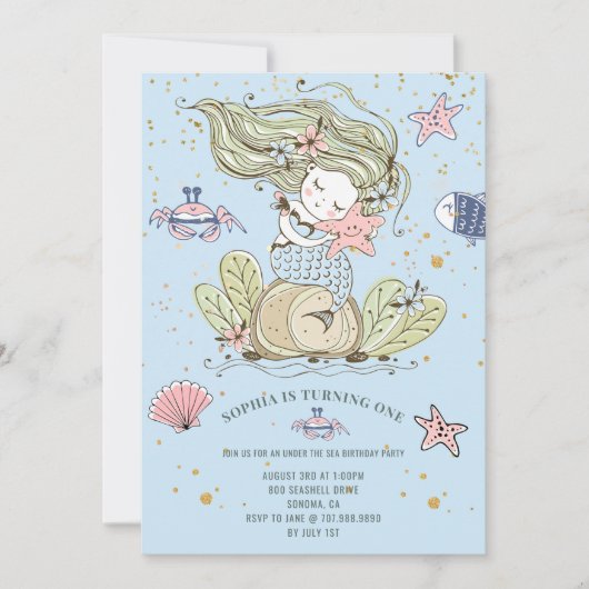 Mermaid 1er Anniversaire Fête Bleue Invitation (Devant)