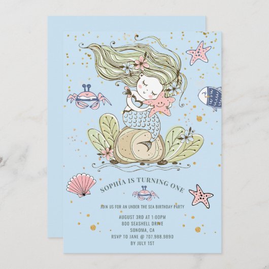 Mermaid 1er Anniversaire Fête Bleue Invitation (Devant / Derrière)