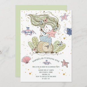 Mermaid 1er anniversaire fête Green Invitation