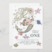 Mermaid 1er Anniversaire Fête Invitation (Devant / Derrière)