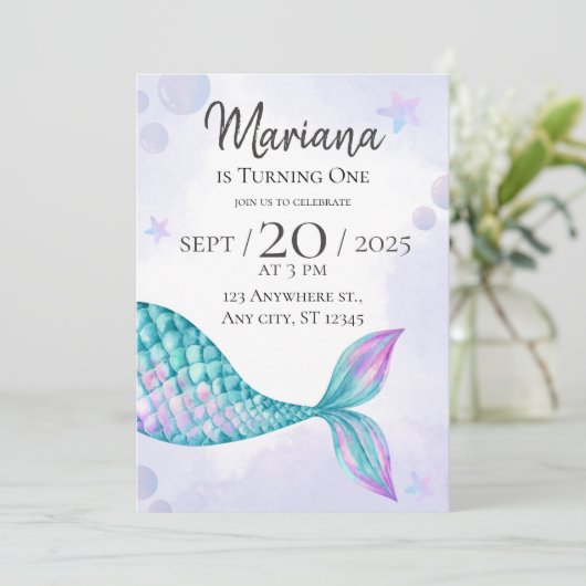 mermaid 1er anniversaire invitations fille (Debout devant)