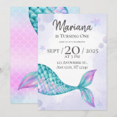 mermaid 1er anniversaire invitations fille (Devant / Derrière)