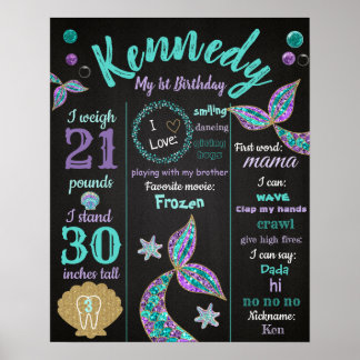 Mermaid 1er anniversaire tableau noir Poster, jalo