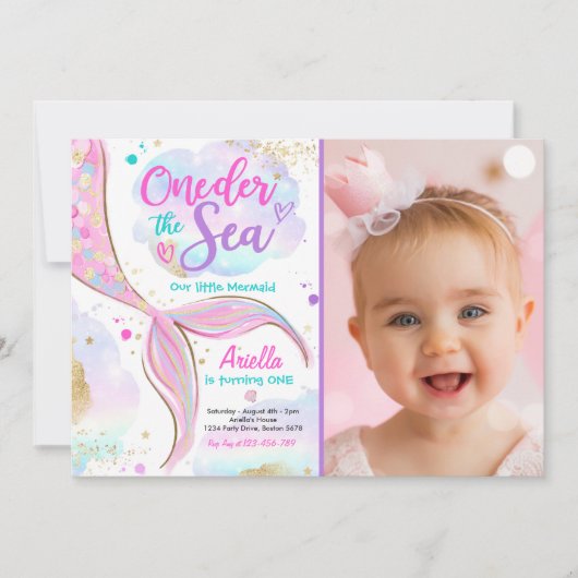 Mermaid 1st Birthday Party ONEder Zee Mermaid Kaart (Voorkant)