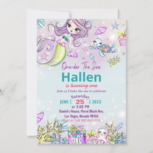 Mermaid 1st Birthday Party ONEder Zee Party Kaart (Voorkant)