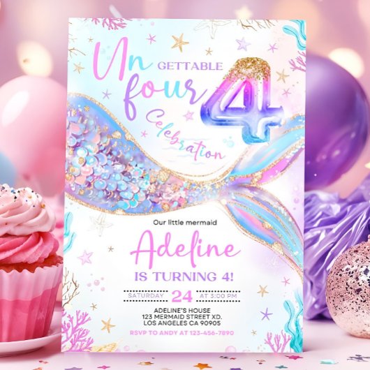 Mermaid 4e anniversaire Invitation Un FOUR Gettabl