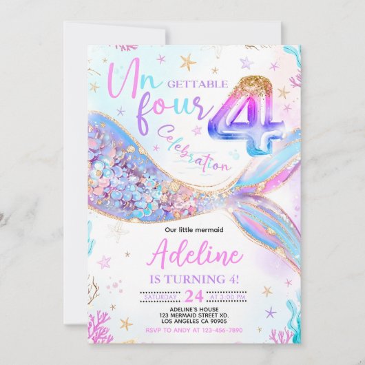 Mermaid 4e anniversaire Invitation Un FOUR Gettabl (Devant)