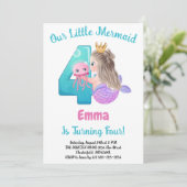 Mermaid 4th Birthday Party Invitation Kaart (Staand voorkant)