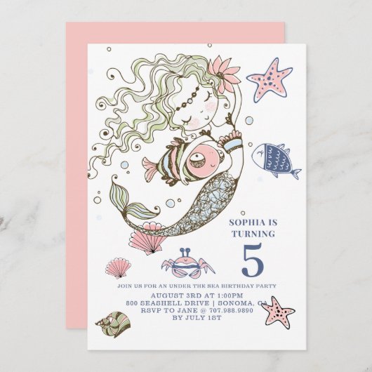 Mermaid 5e anniversaire fête Invitation (Devant / Derrière)