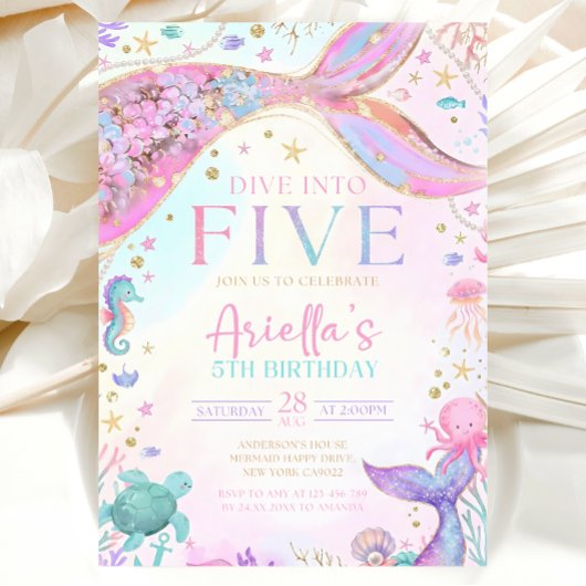 Mermaid 5Th Birthday Invitation