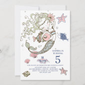 Mermaid 5th Birthday Party Invitation Kaart (Voorkant)