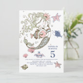 Mermaid 5th Birthday Party Invitation Kaart (Staand voorkant)