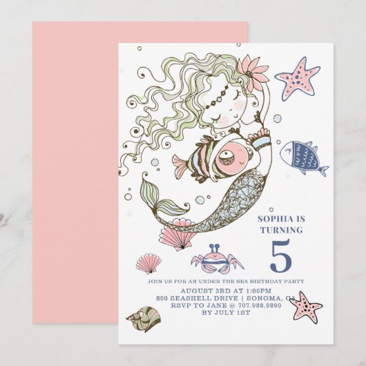 Mermaid 5th Birthday Party Invitation Kaart (Voorkant / Achterkant)