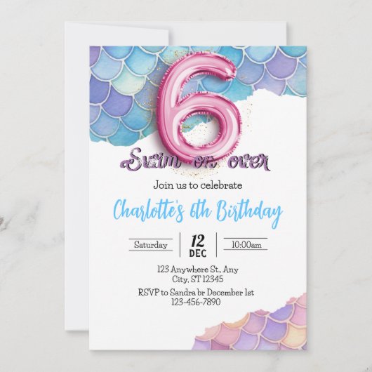 Mermaid 6e anniversaire Invitation (Devant)