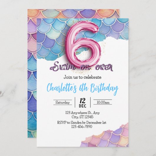 Mermaid 6e anniversaire Invitation (Devant / Derrière)