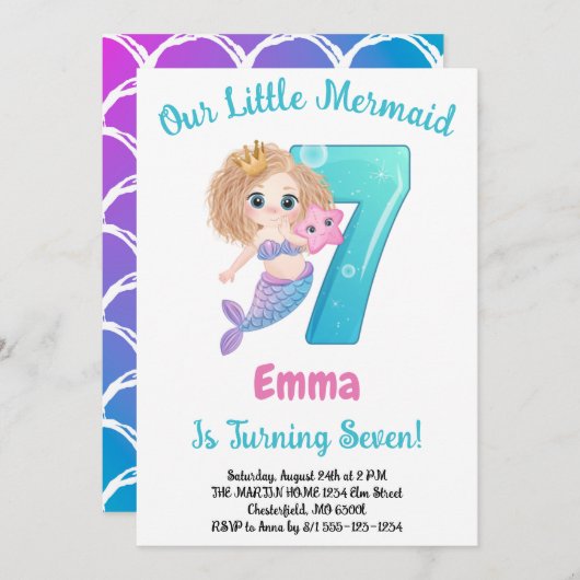 Mermaid 7e anniversaire Fête Invitation (Devant / Derrière)