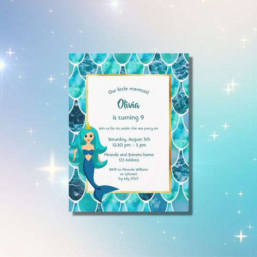 Mermaid 9e anniversaire invitation turquoise