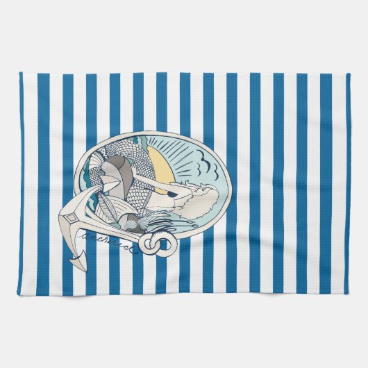Mermaid and Anchor Blue and White Stripe Towel Theedoek (Horizontaal)