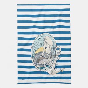 Mermaid and Anchor Blue and White Stripe Towel Theedoek