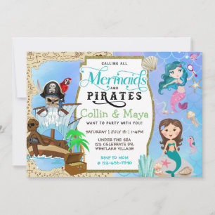 Mermaid and Pirate Birthday, Joint Birthday Invite Kaart
