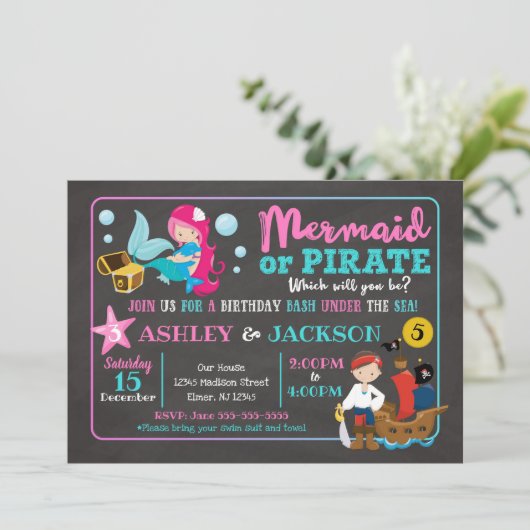 Mermaid and Pirate Joint Birthday Invitation Kaart (Staand voorkant)