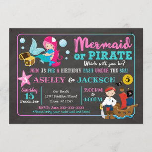 Mermaid and Pirate Joint Birthday Invitation Kaart