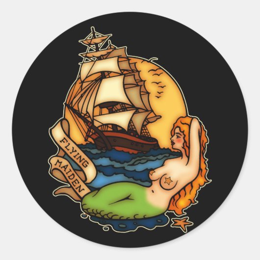Mermaid and Pirate Ship Ronde Sticker (Voorkant)