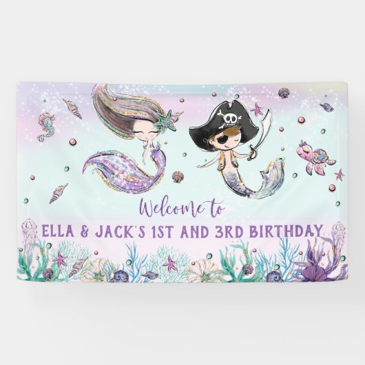 Mermaid and Pirate under the Zee Birthday Backdrop Spandoek (Horizontaal)