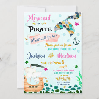 Mermaid and Pirate verjaardagsuitnodiging Boy Girl Kaart