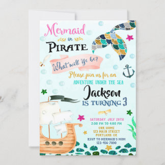 Mermaid and Pirate verjaardagsuitnodiging Boy Girl Kaart