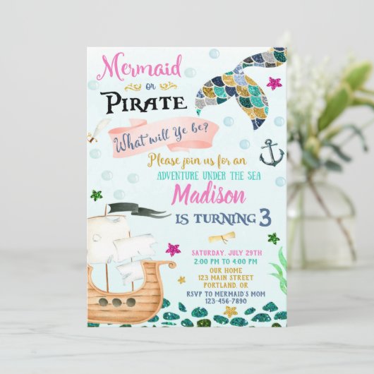 Mermaid and Pirate verjaardagsuitnodiging Boy Girl Kaart (Staand voorkant)