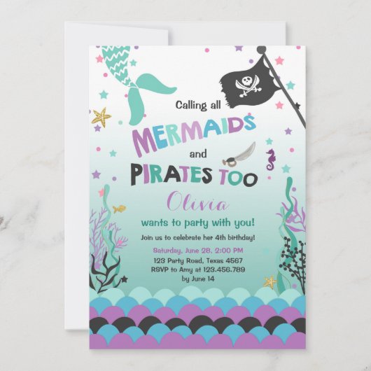 Mermaid and Pirate verjaardagsuitnodiging Paars Bl Kaart (Voorkant)