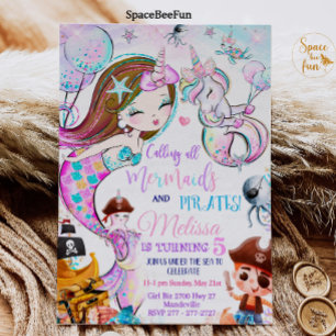 Mermaid and Pirates Birthday Invitation Unicorn Kaart
