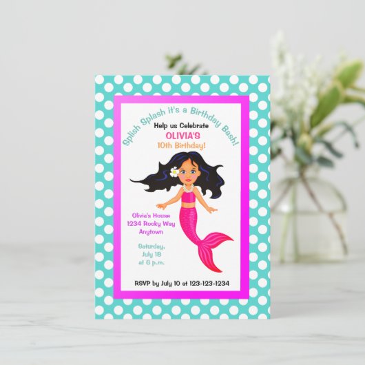 Mermaid and Polka Dot Party Invitation Kaart (Staand voorkant)