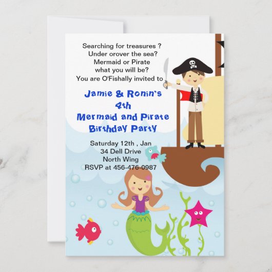 Mermaid and the Pirate Brithday Invitation Kaart (Voorkant)
