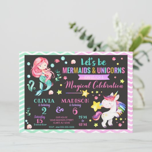 Mermaid and Unicorn Joint Birthday Invitation Kaart (Staand voorkant)