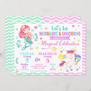 Mermaid and Unicorn Joint Birthday Invitation Kaart