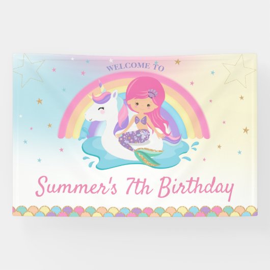 Mermaid and Unicorn Pool Birthday Welcome Spandoek (Horizontaal)